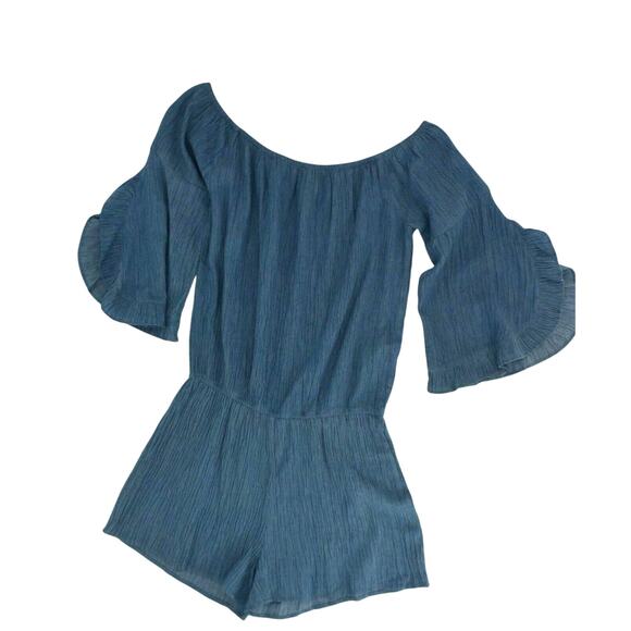 Easel Chambray Romper Bell Sleeve Round Neck One Piece Womens Medium - Picture 2 of 8